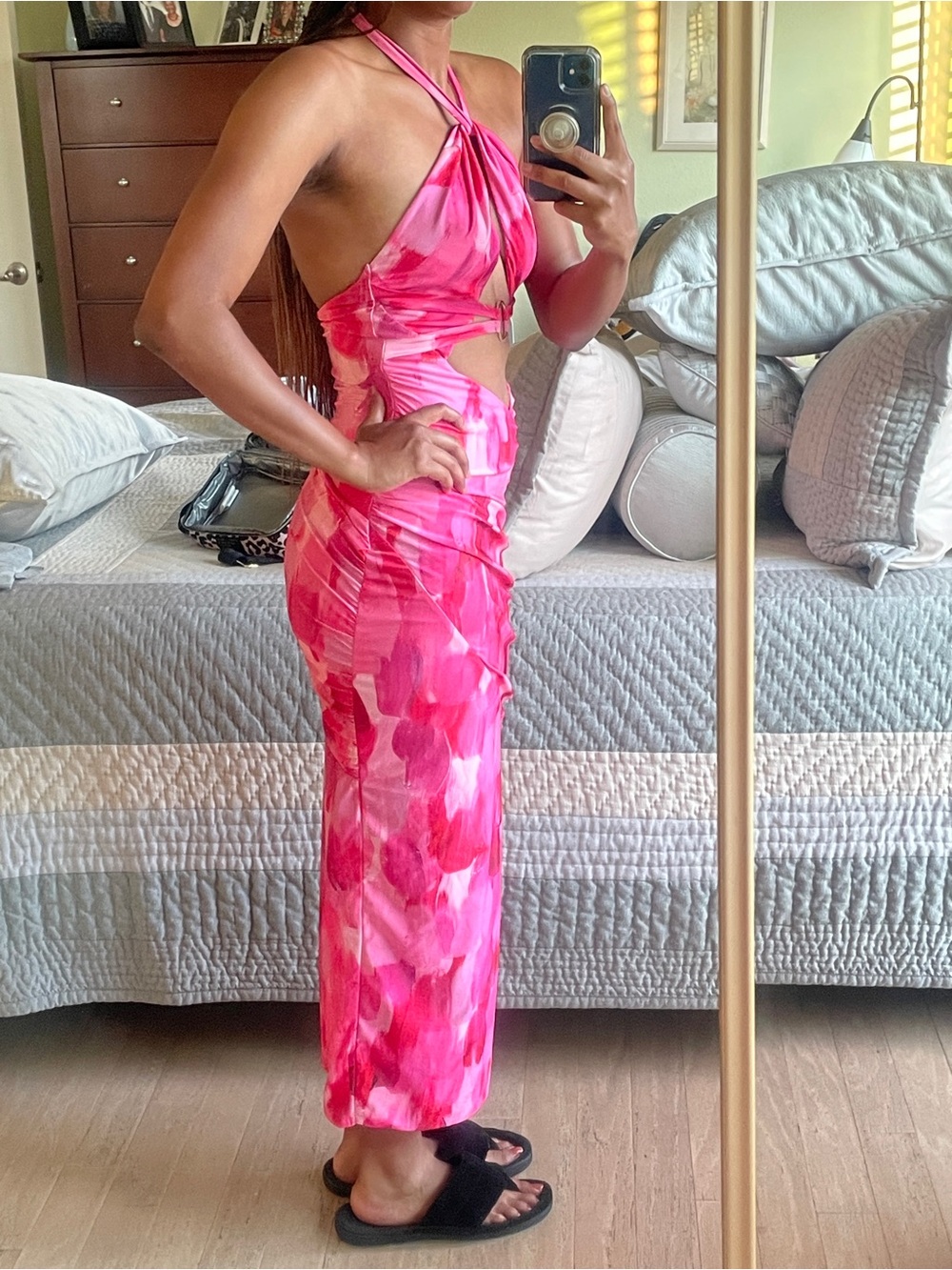Farai London Pink Watercolor Halter Cutout Maxi Dress